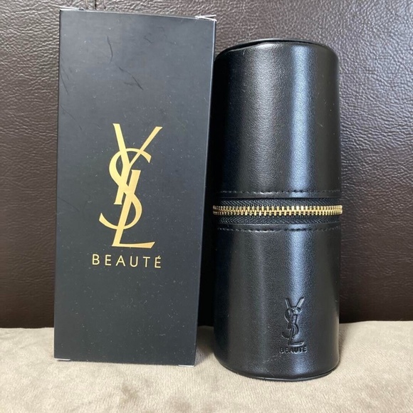 YSL Authentic Faux Leather Cylinder/Container W/Embossed Logo, 3 Makeup Brushes - Picture 2 of 4